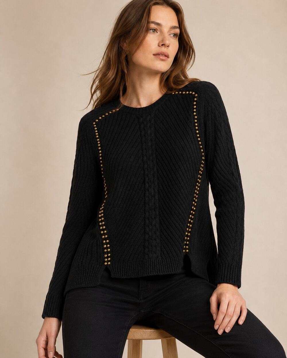Autumn Cashmere Sweater Women S Black Studded Ribbed Crew Neck 100% Cotton Knit
